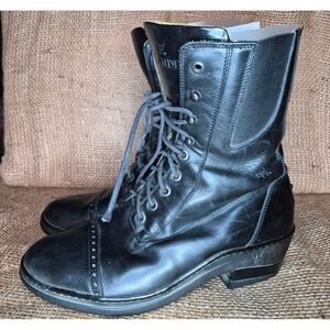 LANDI Black Leather Riding Boots Lace Up Elastic Ankle Tall Size 9 Made in Italy